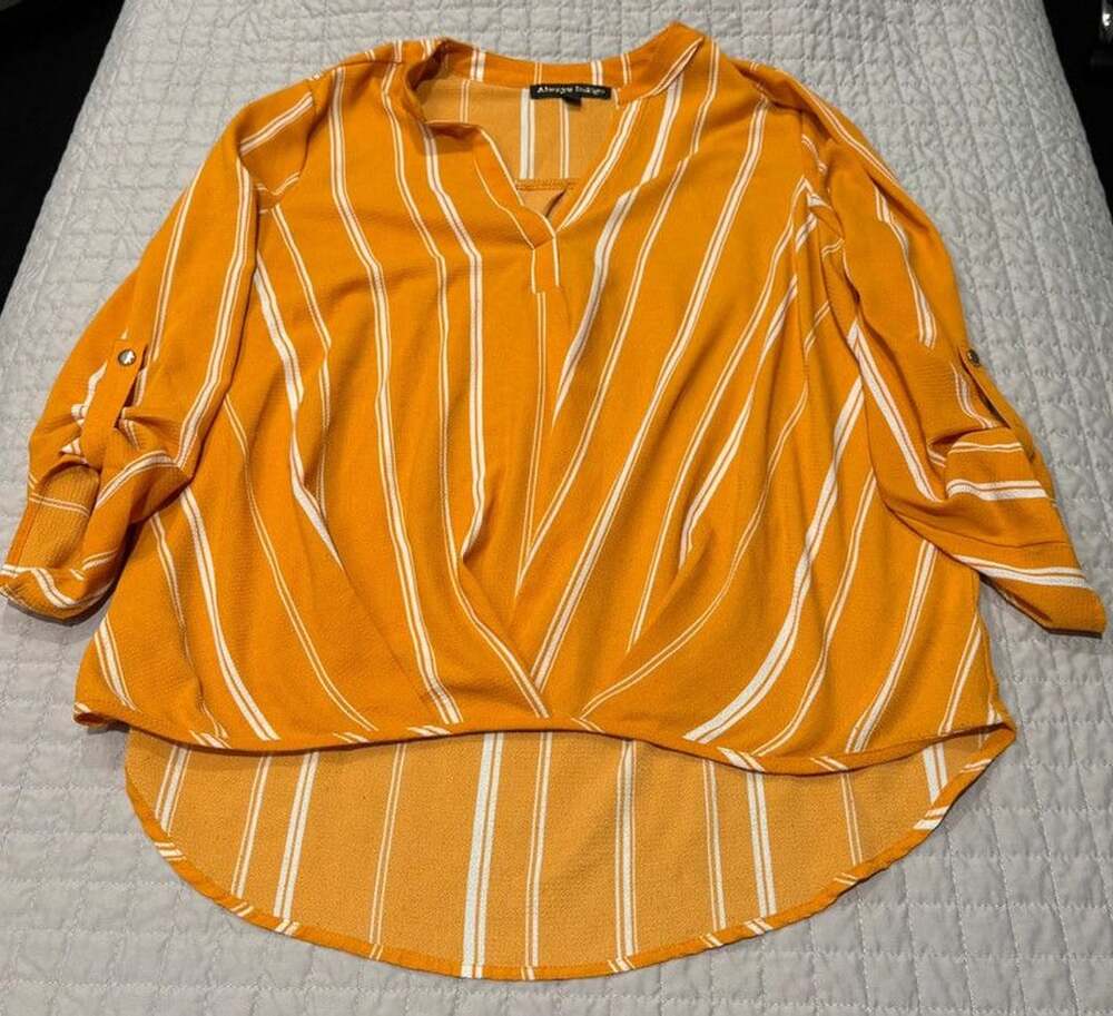 Always Indigo Yellow and White Striped V-Neck Roll-Tab Sleeve High-Low Blouse Si
